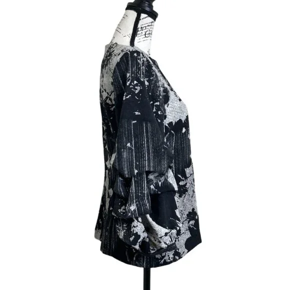 Alberto Makali Women's Size M Top Puff Ruffle Sleeve Black Gray Print - Picture 2 of 7